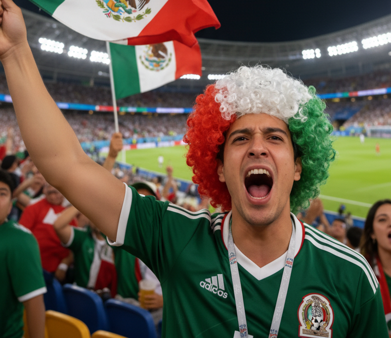 LU88339 $29CU (Caja con 100 piezas) pelucas para espectadores de la Copa Mundial de México talla Grande. Mezcla de colores de imagen.