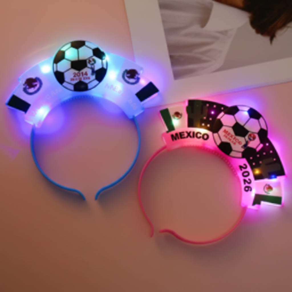 LU99092- $13CU (Caja con 288 piezas)  Diadema con pinzas para el cabello luminosa de la Copa Mundial luces LED tamaño grande 33x18cm.