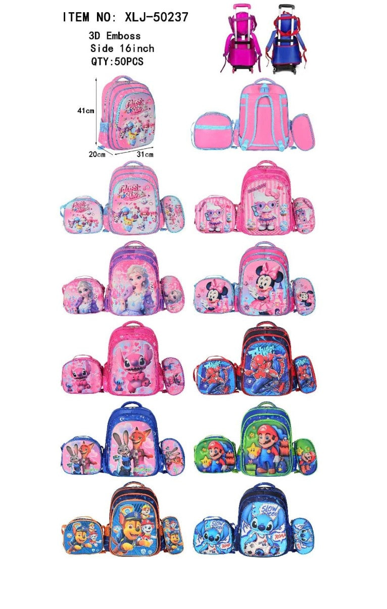 50237 - $360 c/u (Bulto con 50 pzas.) Kit de mochila de 16” de tres compartimentos + lonchera + lapicera