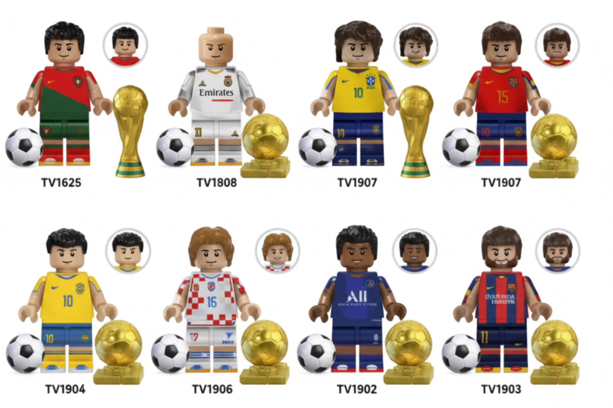 LU99066- $10CU (Caja con 200 piezas) Set de bloques de construcción de estrellas de futbol de dibujos animados de tamaño grande.