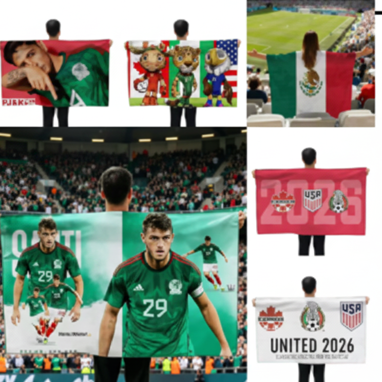 LU99073- $25CU  (Caja con 100 piezas)  chal/ Bandera para espectadores de la Copa Mundial FIFA2026 material poliéster/tela tamaño GRANDE
150x90cm.